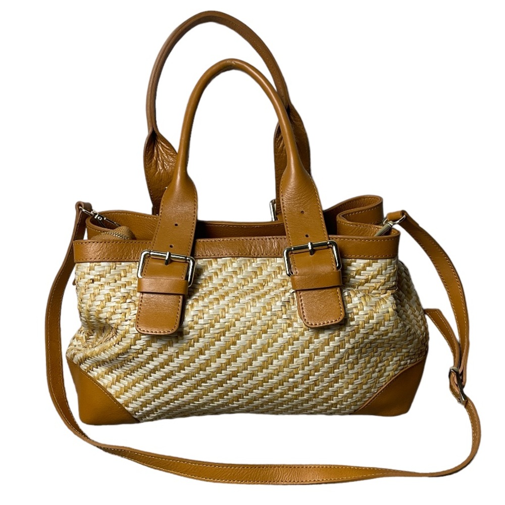 DIVINA FIRENZE GENUINE ITALIAN LEATHER TAN/ BEIGE BAMBOO TRIFOLD HANDBAG